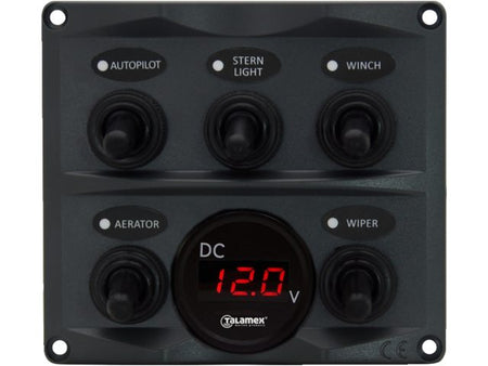 NauticPro.dk | Talamex, Kontaktpanel Antracit 12/24V med Spændingsmåler, 5 Afbrydere + Voltmeter, Vandtæt (IP66), Kompakt (107 x 95mm), Max Ampere: 15A@DC12V/10A@DC24V, 28 Klistermærker