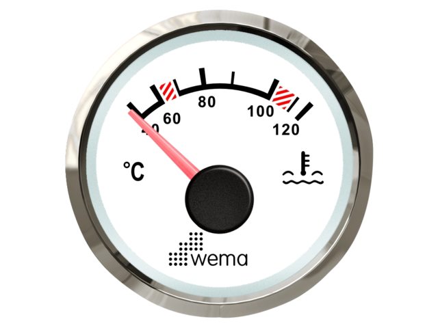 NauticPro.dk | Wema, Vandtemperatur-måler NMEA2000 Silverline, hvid, rustfrit stål kant, glaslinse, IP67, UV- og saltvandsbestandig, rødt lys, Ø 56 mm