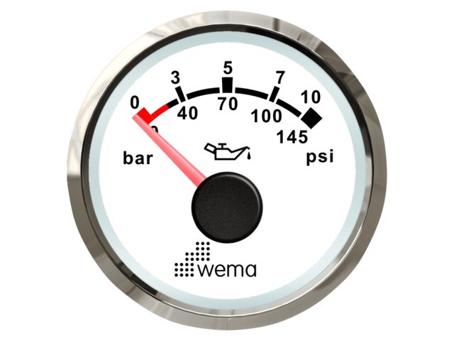 NauticPro.dk | Wema, Olietryk 10 bar, NMEA2000 Silverline Hvid, Rustfrit Stål, Ægte Glaslinse, UV- og Saltvandsbestandig, Rød Instrumentlys, 56mm Diameter, 60mm Dybde