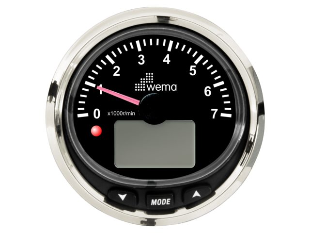 NauticPro.dk | Wema, Omdrejningstæller 7000 rpm NMEA2000 Silverline, IP67, Rustfri stålramme, Anti-dug glas, UV-saltvandsbestandig, Trim/Tilt, Brændstofforbrug og niveau, 589081