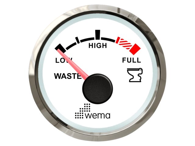 NauticPro.dk | Wema, Spildevandstankmåler NMEA2000 Silverline hvid, Rustfrit stål, Ægte glaslinse, IP67, UV- og saltvandsbestandig, Rødt instrumentlys, 1m NMEA2000 drop-kabel