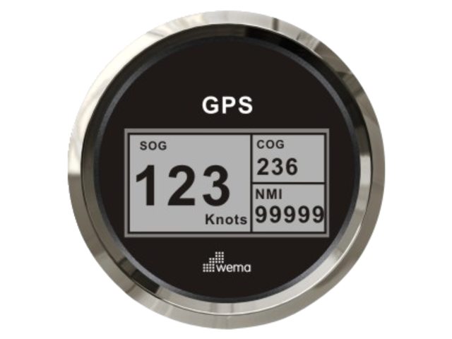 NauticPro.dk | Wema, Digitalt sølv GPS speedometer, Ø96 mm, IP67, Anti-dug glas, Maks læsning 110 km/t, 60 knob, 70 mph, 5m kabel