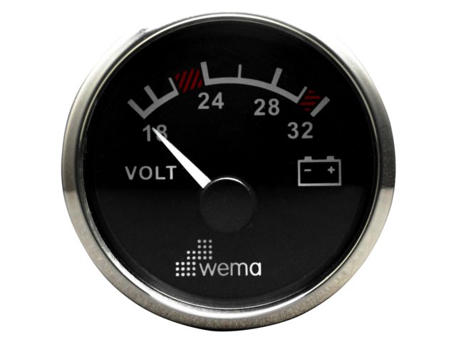 NauticPro.dk | Wema, Silverline IPVR-24 Voltmeter, 1 stk, Rustfri Stålramme, Glaslinse, IP67, LED-Gul/Rød Baggrundsbelysning, Ø58mm, Borehul Ø52mm