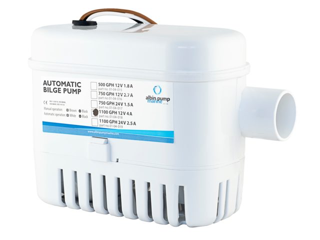 NauticPro.dk | Albinus, Automatisk lænsepumpe 1100 GPH 24V, Rustfrit stål, Termoplastisk ABS-hus, 1 stk, CE-mærket