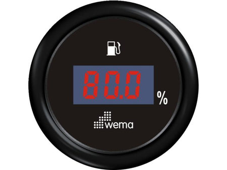 NauticPro.dk | Wema, Digital brændstofmåler 0-190 ohm, Sort, IP67, Anti-dug linse, Ø58mm, Gul/rød LED baggrundsbelysning