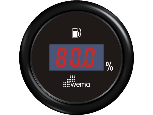 NauticPro.dk | Wema, Digital brændstofmåler 0-190 ohm, Sort, IP67, Anti-dug linse, Ø58mm, Gul/rød LED baggrundsbelysning