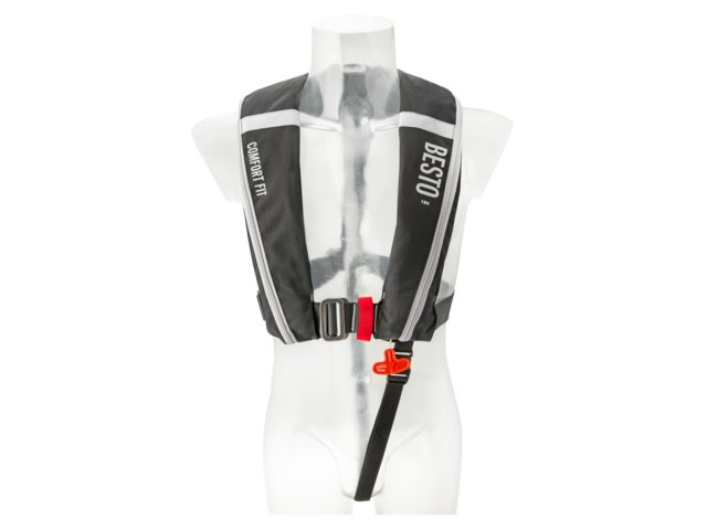 NauticPro.dk | Besto, Oppustelig redningsvest, Comfortfit 180N, Auto/Harness, Sort/Grå, Vægt 40+kg, Voksenstørrelse, ISO 12402-3, Halkey Roberts V90000, CO2 cylinder 38g, 1 stk.