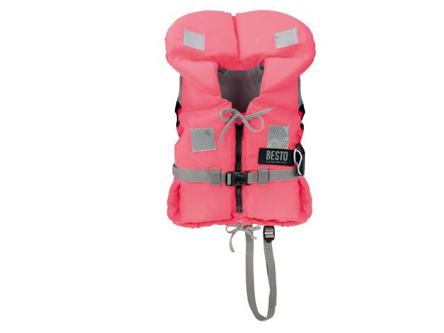 NauticPro.dk | Besto, Redningsvest junior, lyserød, 30-40 kg, 100N, m. skridtgjord, ISO EN 20471, dobbelt krydsrem, Pinguin Design, PE-skum, ISO 12402-4, m. signalfløjte