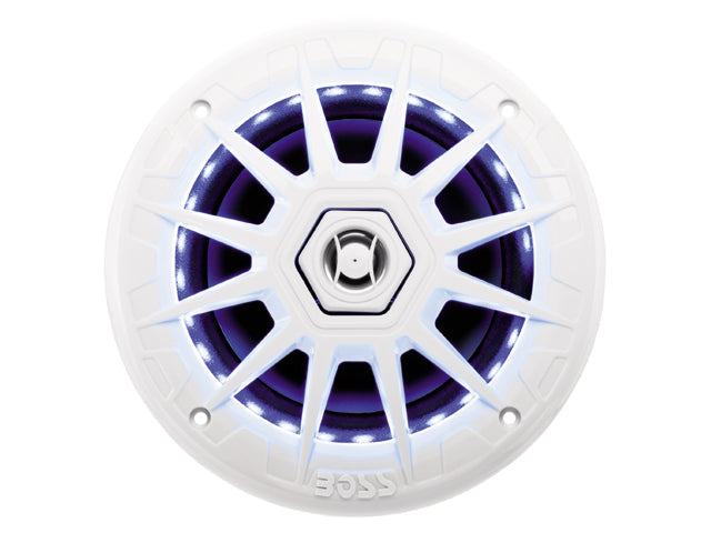 NauticPro.dk | Boss Audio, Maritim Højttaler 2-vejs MRGB65, med 20 LED-belysningsmuligheder, Ø 197 mm, 200W maks., inkl. trådløs fjernbetjening, sæt med 2 stk.