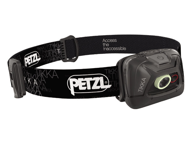 NauticPro.dk | Petzl, Tikka sort pandelampe, 300 lumen, 3 lystilstande, vejrbestandig (IPX4), 86g, Rødt lys, Fluorescerende reflektor