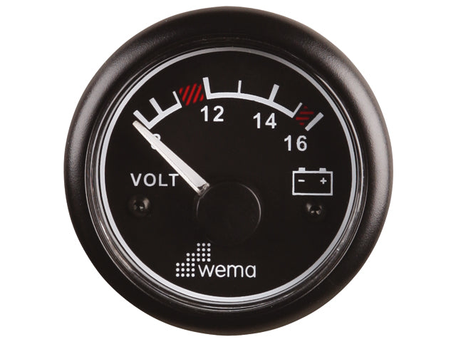 NauticPro.dk | Wema, Voltmeter 12V, IP67, Anti-dug linse, LED baggrundsbelysning gul/rød, Ø58mm, 520001