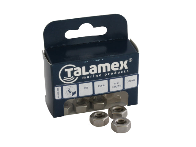 Talamex, Sekskantet Møtrik, Rustfrit Stål AISI 316, 589081 – Størrelse: M 4, 6 Stk