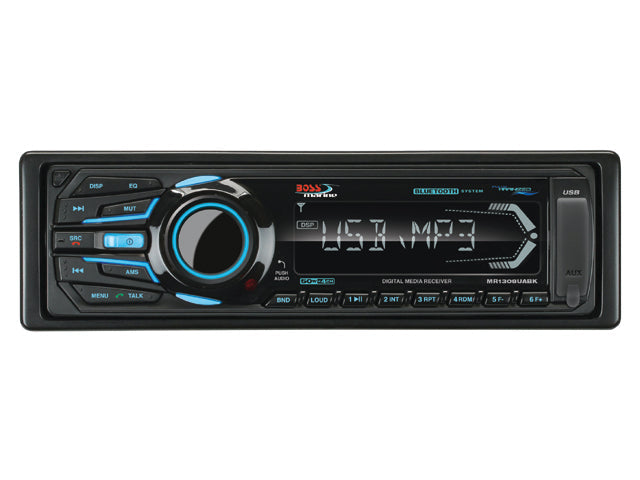 NauticPro.dk | Boss Audio, Marin Radio MR1308UABK, Sort, In Dash Single-Din MP3, AM/FM Receiver, Bluetooth, USB, AUX, SD Input, 50W x 4 CH, Vandtæt, UV-Beskyttelse, Saltvands- og Klorresistent