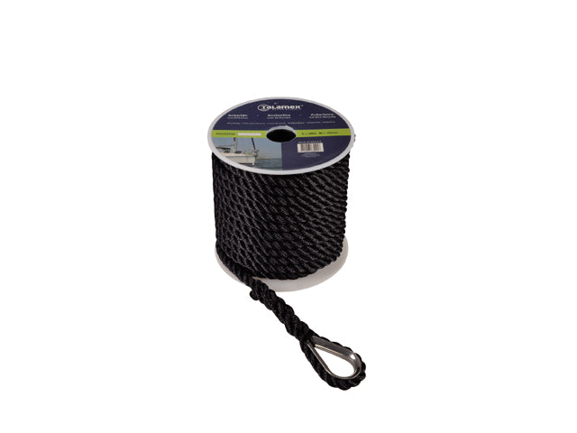 NauticPro.dk | Talamex, Polyester ankerline 12MM 30M Sort inkl. rustfrit stål kovs (1 stk)