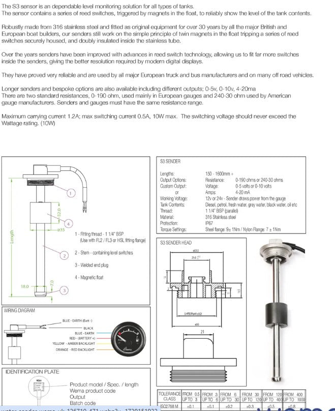 Wema, Sensor Brændstof/Vand, Rustfri AISI 316, 12/24V, 1 1/4" BSP, 0-190 Ohm, 0,5 m Kabel, Ø 55 mm Flange, ISO8846 – Størrelse: 60cm
